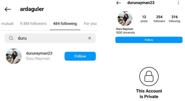 Duru Nayman Instagram Account which is private and followed by Arda Guler